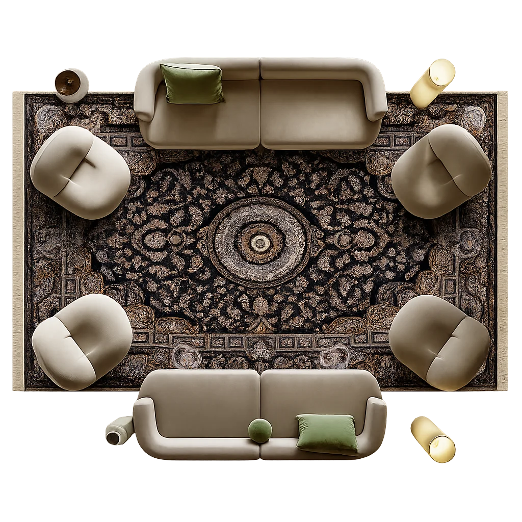 Charcoal medallion carpet laid in a living room, viewed from above