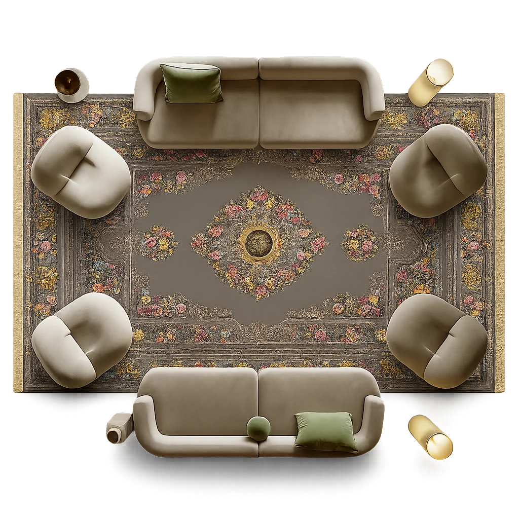 Ivory and rose floral carpet laid in a living room, viewed from above
