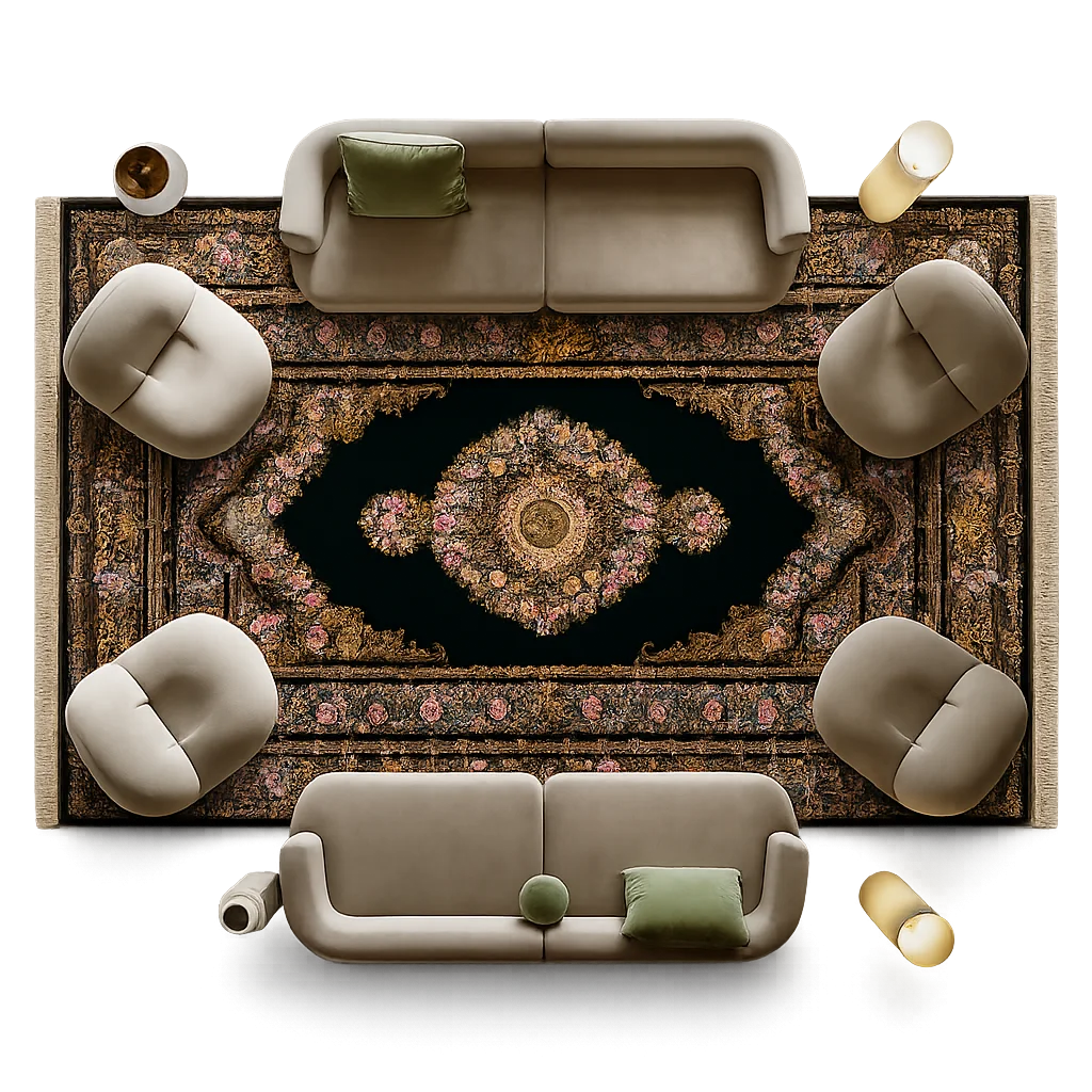 Black ground carpet with an ornate gold border, viewed from above
