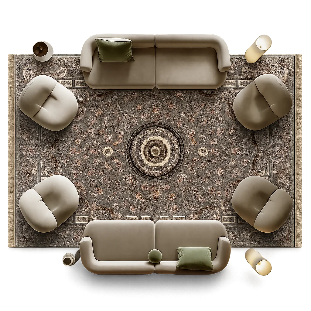 Silver grey medallion carpet laid in a living room, viewed from above